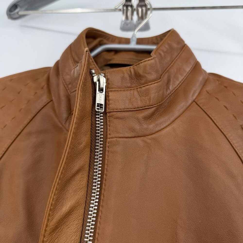 Quince 100% Leather Stand-Collar Jacket size M Women's in Cognac Brown Full Zip - Picture 12 of 16